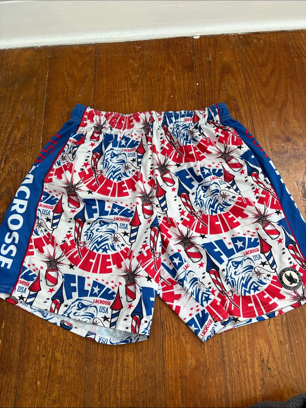 Patriotic Red, White & Blue Athletic Shorts - Lacrosse USA Graphic